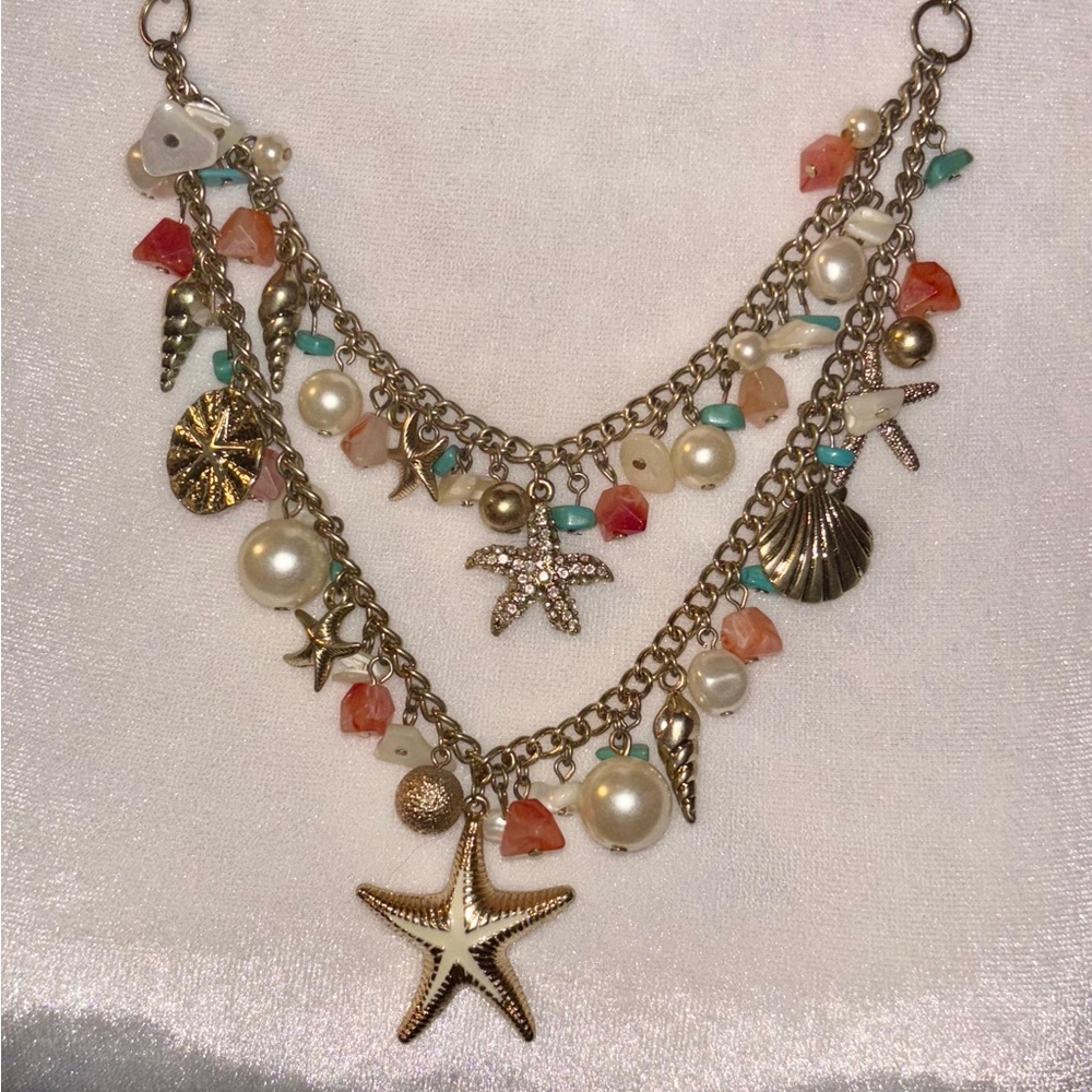 Elegant Gold Charm Necklace with Starfish-shades of Coral, Turquoise and Pearl